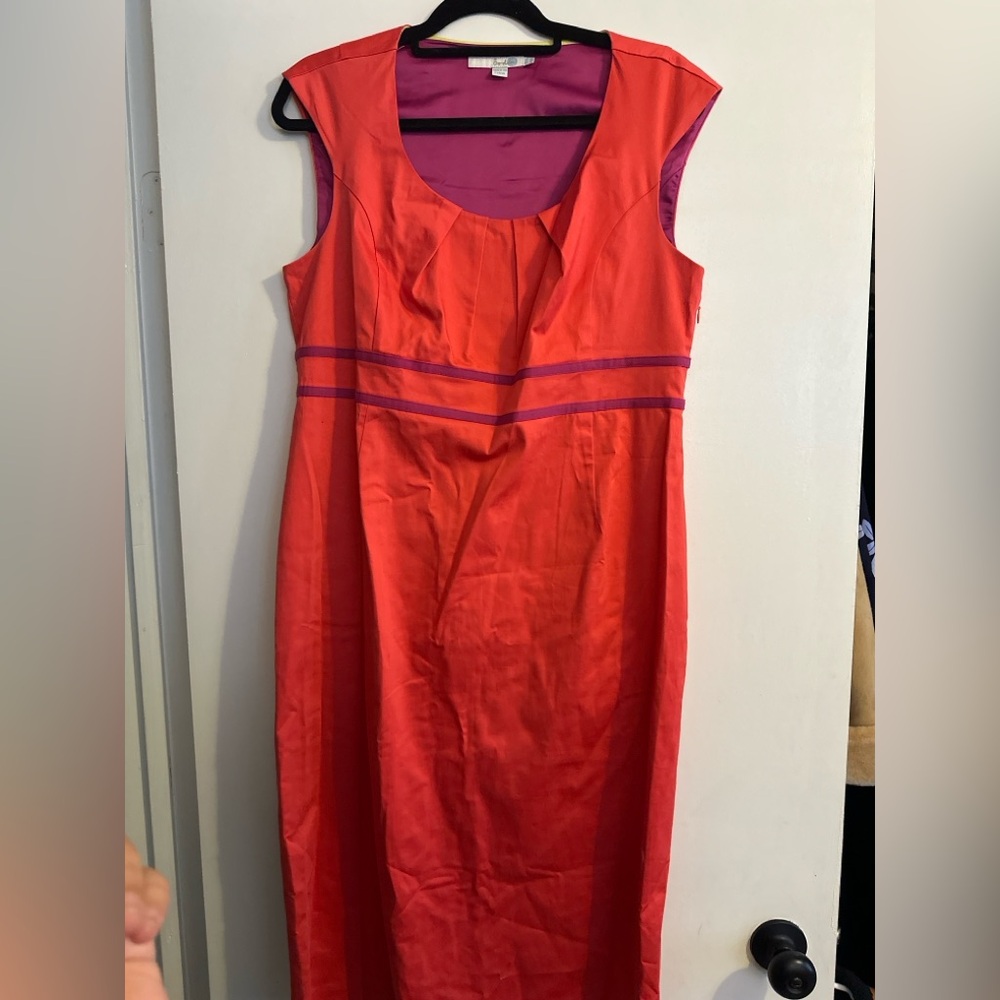 Boden Sleeveless Midi Dress | Cotton Stretch | Coral & Purple | Size 12